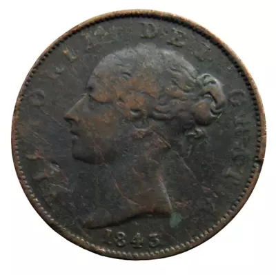 1843 Queen Victoria Young Head Halfpenny Coin - Great Britain • 26.74£