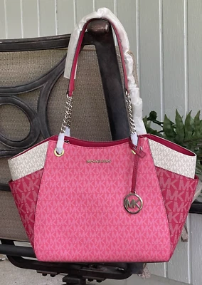 MICHAEL KORS JET SET TRAVEL LARGE CHAIN SHOULDER TOTE BAG MK PINK WHITE LOGO - Image 1 of 4