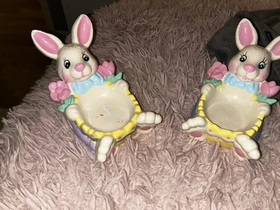 Heritage Pottery Bunny Soap Holder Set Blue and Pink Floral Easter Spring - Image 1 of 2