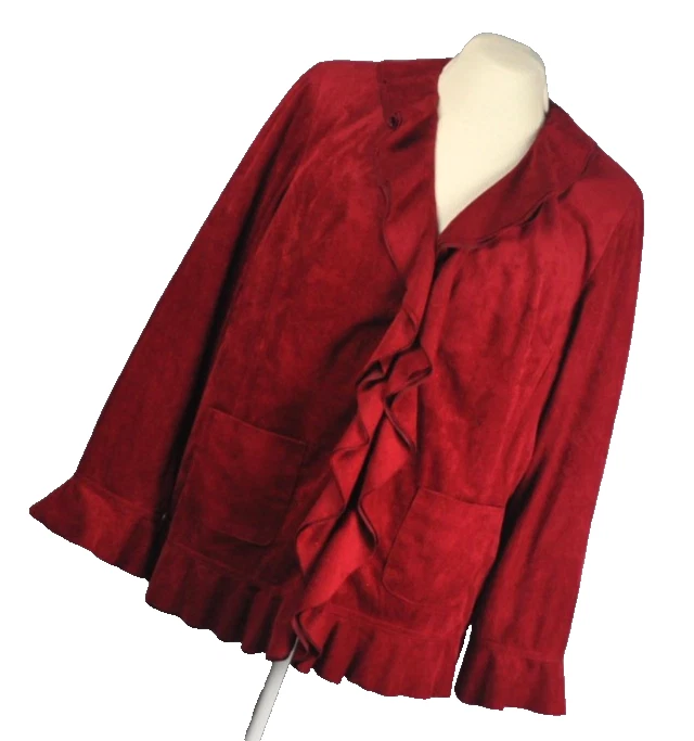 Rafael Womans Faux Suede Ruffle Blazer Size 1X Burgundy Padded Shoulders - Image 1 of 4