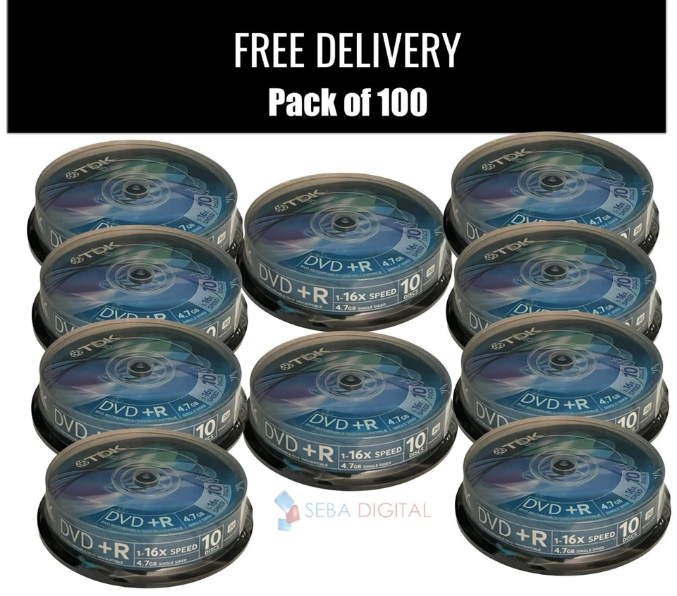 100 x TDK Blank DVD+R  Blank Disc 16x 120min 4.7GB Video/Data - Image 1 of 1