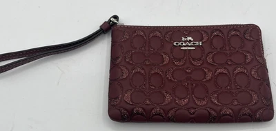 Coach Corner Zip Wristlet Wallet Signature Maroon Wine Glitter Signature Leather - Image 1 of 4