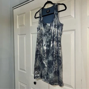 Adrianna Papell Boutique Shift Mini Dress Silver Blue Sequin Sleeveless Scoop 8 - Picture 1 of 7