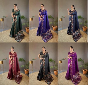 Beautiful Pure Soft Silk Saree With Blouse For Indian Festival Wear - Foto 1 di 19