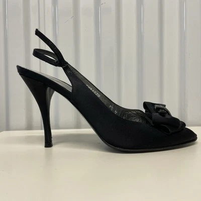 Stuart Weitzman Black Satin Rhinestone Bow Peep Toe Slingback Pumps Womens 9.5 M - Image 1 of 4