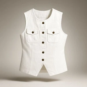 Madewell Denim High Crewneck Vest Women's Size 12 Tile White Utility Pockets NWT - Picture 1 of 24