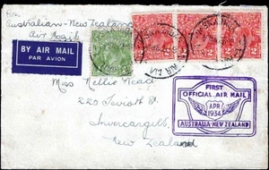 1934 Erste offizielle Luftpost Australien-Neuseeland geflügeltes Gütesiegel & roter 2D-Streifen - Bild 1 von 2