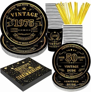 50Th Birthday Decorations for Men, Vintage 1975 Disposable Paper Plates and Napk - Picture 1 of 12