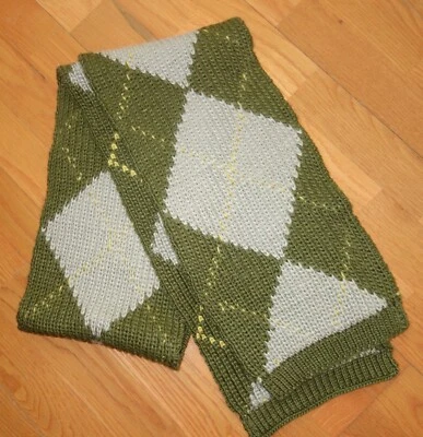 Fossil Green, Tan & Yellow Argyle Alpaca & Acrylic Scarf  Very Soft 72" x 9" - Image 1 of 2