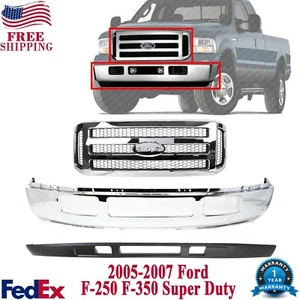 Front Bumper Chrome + Grille + Lower Valance Panel For 2005-2007 Ford F250 F350 - Picture 1 of 9