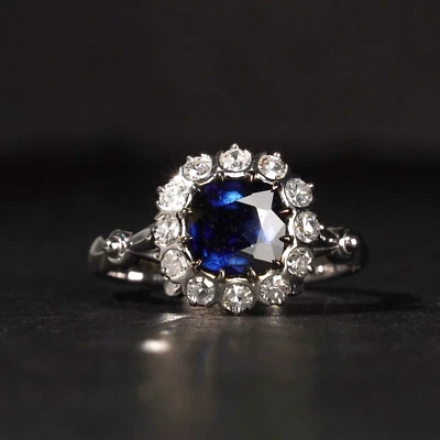 Anillo con halo en racimo Diana azul real platino 950 diamantes zafiro de Ceilán Foto 1 de 4