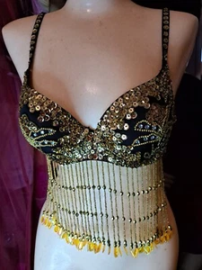 Beautiful Black Gold Western Fashion Bra Sequin Top Bra With Long Beads Size... - Picture 1 of 6
