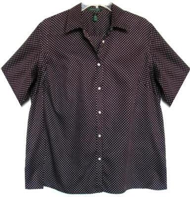 NUEVO SIN ETIQUETAS BLUSA RALPH LAUREN 100% ALGODÓN MARRÓN CON PINDOTS BLANCOS TALLA GRANDE 1X Foto 1 de 2