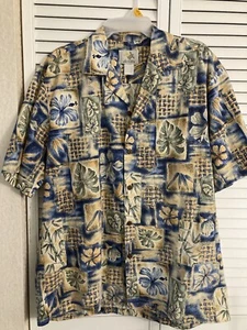Ho Aloha Vintage Hawaiian Tropical Leaf Floreale Uomo Taglia Large Blu Oro Verde - Foto 1 di 5