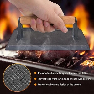 Burger Bacon Press Cast Iron Wood Handle Grill Pressing Steak Cooking Ham BBQ - Picture 1 of 13