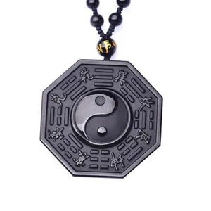 Obsidian Carved Yin Yang Ba Gua Pendant Necklace Lucky New Amulet E3B6 - Picture 1 of 8