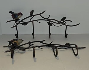 2 Vintage Rustic Metal Wall-Mounted Coat Rack with 4 Hooks Bird on Branch MCM - Picture 1 of 23