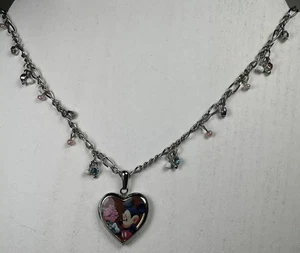 Collana Disney Topolino Cuore Medaglione Tono Argento Blu Rosa Strass 16" - Foto 1 di 7