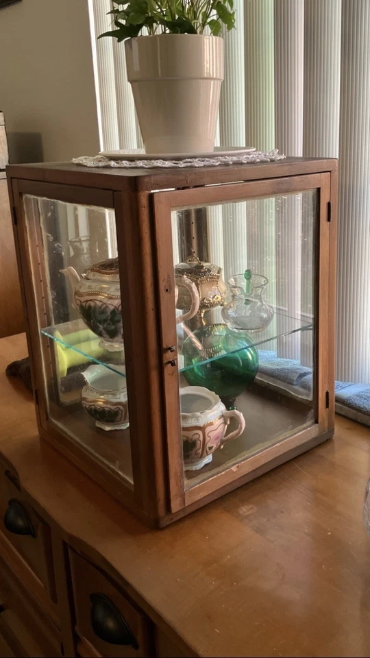 Antiguo gabinete de curiosidades de madera y vidrio Foto 1 de 4