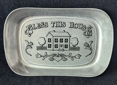 Wilton Armetale Bless This House Pewter Metal Serving Tray Dish Plate 10.5x7. - Image 1 of 4