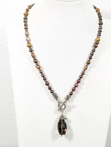 Golden Gray Pearl Smokey Quartz Pendant Beaded Sterling Clasp Toggle Necklace - Picture 1 of 9