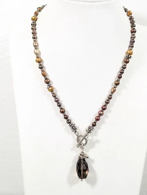 Golden Gray Pearl Smokey Quartz Pendant Beaded Sterling Clasp Toggle Necklace - Image 1 of 4