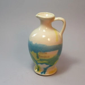 Paden City Ceramic Pitcher Vase North Carolina Script Pastel Blue Yellow Drip Gl - Picture 1 of 11