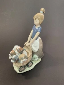 Lladro "Litter of Fun" Figurine #5364, Girl with Puppies in a Carriage, Retired - Picture 1 of 8