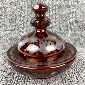 Egermann Ruby Red Glass Candy Dish Cut to Clear Etched Vintage Czech Stag/1940’s - Picture 1 of 11