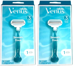 Gillette Venus Smooth Women's Razor 3 Blades 1 Handle + 1 Cartridge (Pack of 2) - Picture 1 of 3