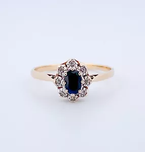 Vintage Solid 9ct Yellow Gold Dark Blue Topaz & Diamond Dress Ring - Size W - Picture 1 of 6