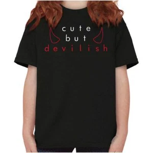 Funny Halloween Cute But Devilish Sarcasm Girls Youth Crewneck T Shirts Tees - Picture 1 of 7