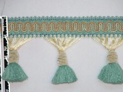 Encantador borde de flecos de borla dorado claro verde mar por yarda Foto 1 de 2