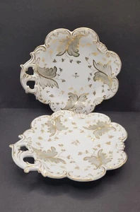 Par de platos de postre Rockingham con forma de hoja gris dorado floreciente c1830 Regency - Imagen 1 de 12