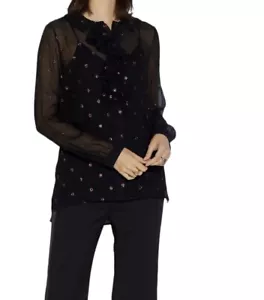 Coach Silk Blouse Black Lurex Dot Print Long Sleeve Ruffle Neck Top Size S 8 NEW - Picture 1 of 21
