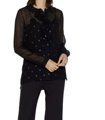 Coach Silk Blouse Black Lurex Dot Print Long Sleeve Ruffle Neck Top Size S 8 NEW - Image 1 of 4