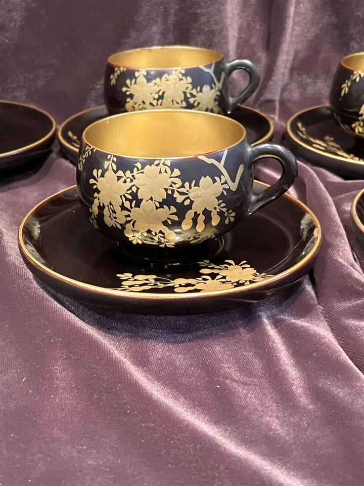 Vintage Japanese LACQUERED WOOD CUP & SAUCER SET 6 (2 cups missing handles - Image 1 of 4