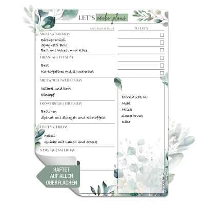 Menüplaner Essensplaner abwischbar wiederverwendbar Eukalyptus Wochenplaner - Bild 1 von 4