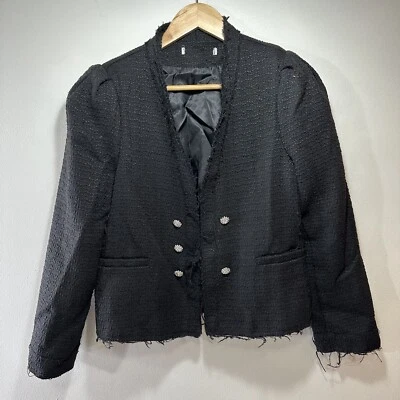 Chaqueta Blazer Mujer Zara Boucle Tweed Negra Borde Freyed Botón Metálico Talla S/M Foto 1 de 4