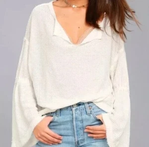 We The Free Dahlia Shirt Sz L White Waffle Knit Bell Sleeve Oversized V-neck - Picture 1 of 12