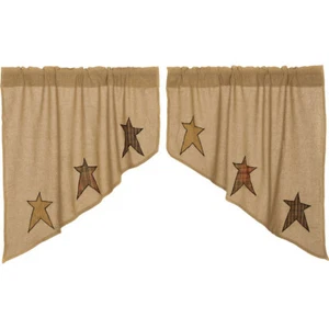 New Primitive Red Mustard Black HOMESPUN APPLIQUE STAR Burlap Curtain Cafe Swags - Picture 1 of 3