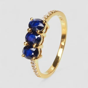 Handmade Three Stone Vivid Blue Sapphire Oval 1.45Ct 925 Sterling Silver Rings - Picture 1 of 9