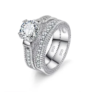 Cubic Zirconia Wedding  925 Sterling Silver Plated Wedding Couple Rings Set - Picture 1 of 6