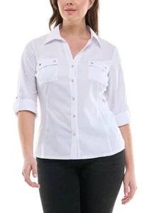 Zac & Rachel Womens White Button Up Blouse Top Petite Small Roll Tab Sleeve - Picture 1 of 7