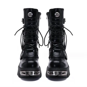 New Rock Stiefel Punk Unisex Metallic Schwarz Leder Plattform Biker Stiefel - Bild 1 von 10