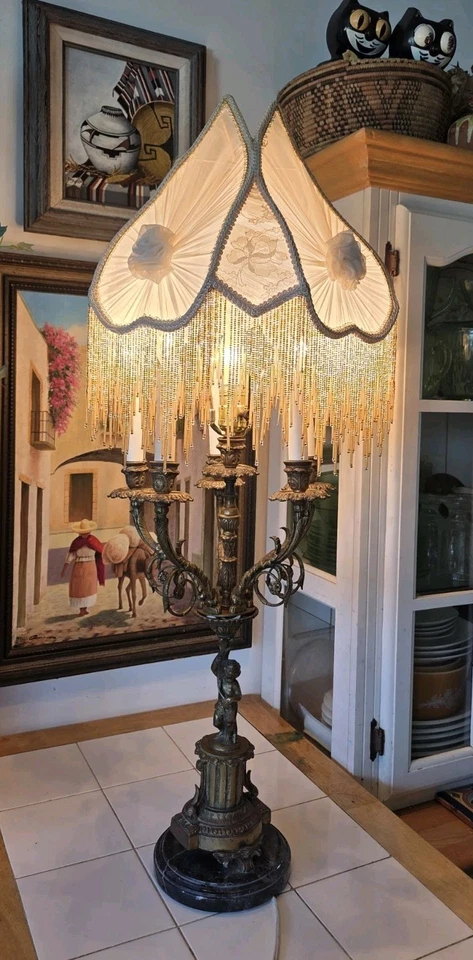 ANTIQUE VICTORIAN CANDELABRA, TABLE CHANDELIER BRONZE & MARBLE LAMP WITH ANGEL - Image 1 of 4