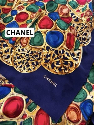 Bufanda Joyería Chanel Azul Dorado Cuadrada Talla Grande 100% Seda Foto 1 de 2
