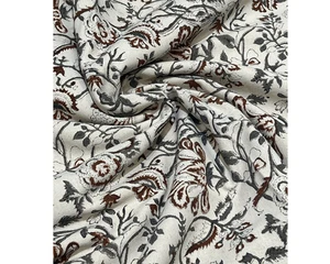 Hand Block Printed Duck Cotton Fabric – Grey Terracotta Floral, 59” Width - Picture 1 of 9