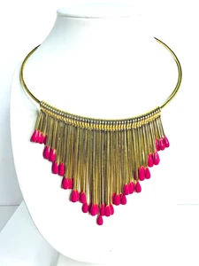Vintage Gold Tone Fringe Statement Necklace Pink Drops Bib Collar Adjustable - Picture 1 of 3