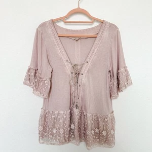 POL Womens Top Size Medium Blush Pink Embroidered Mesh Lace Peplum Boho Fairy - Picture 1 of 9